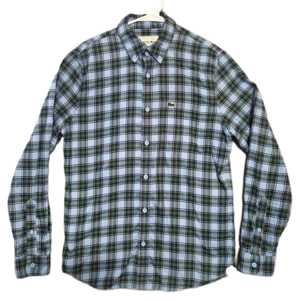 Lacoste Plaid Button Down Shirt Mens Small Blue Green CH0208 Regular Fit Cotton